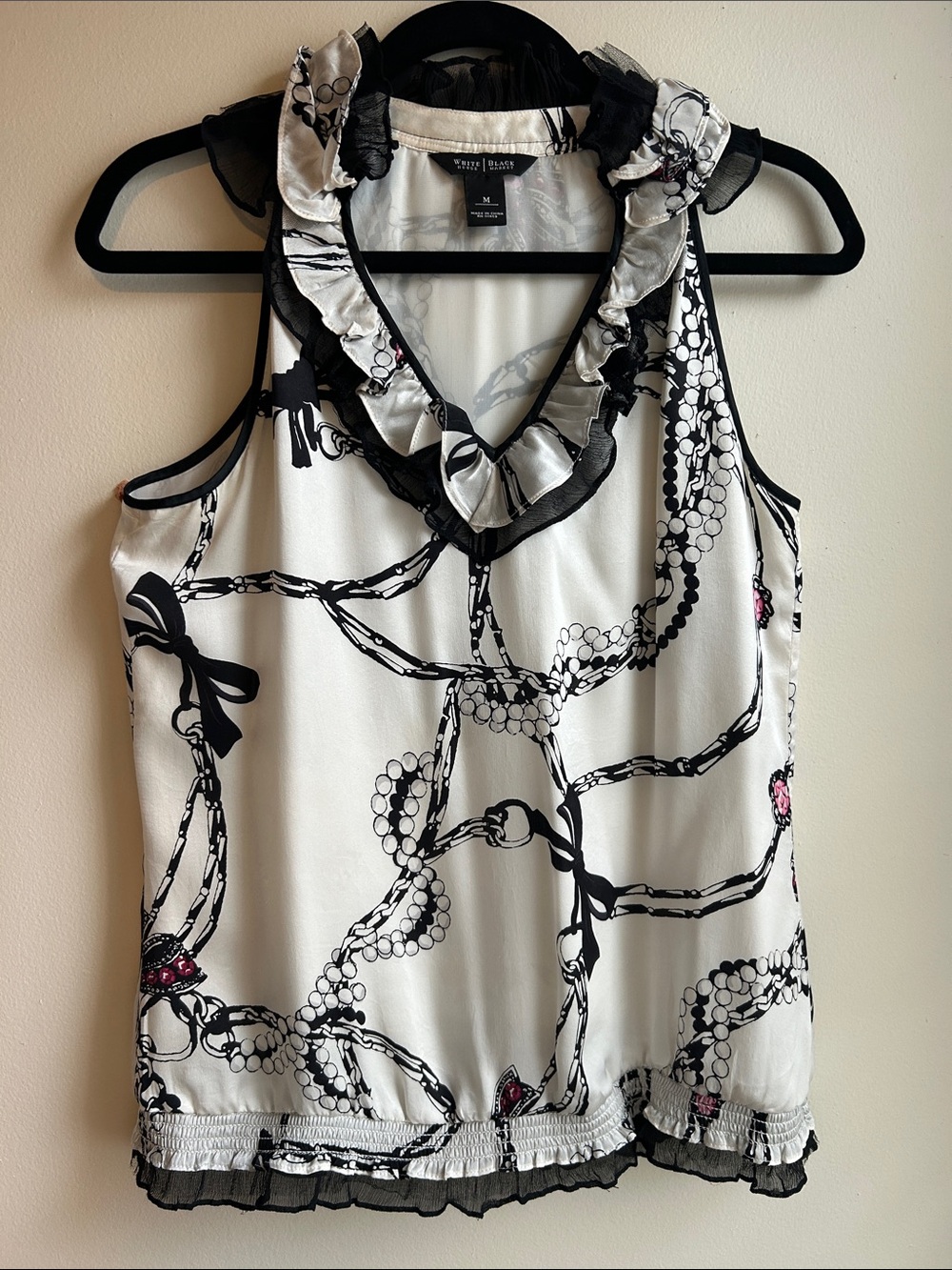 White House Black Market White Black Chain-Print Ruffle Shell with Pink Accents